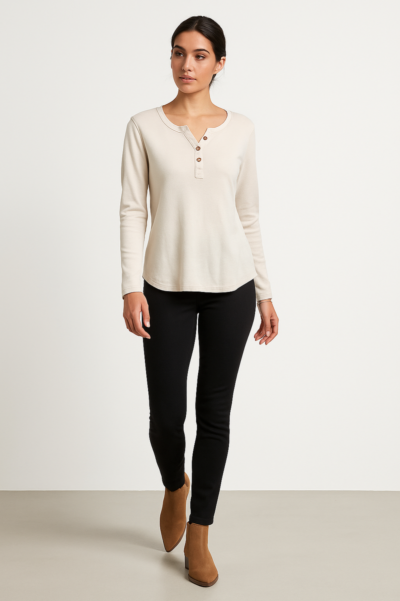 Round Neck, Button Detailed, 100% Cotton, Ribbed Top