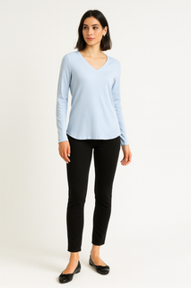 V Neck, Long Sleeve Ribbed Top