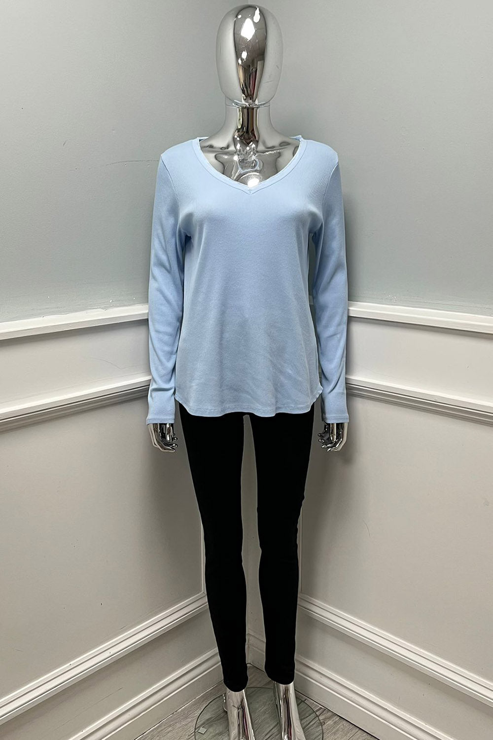 V Neck, Long Sleeve Ribbed Top