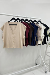 V-Neck, Button Through, Side Tie & Split Detailed, Viscose Nylon & PBT Knitted Top