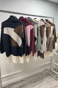 Lace Hem Detailed, Acrylic & Polymide Knitted, Oversized Roll Neck Jumper