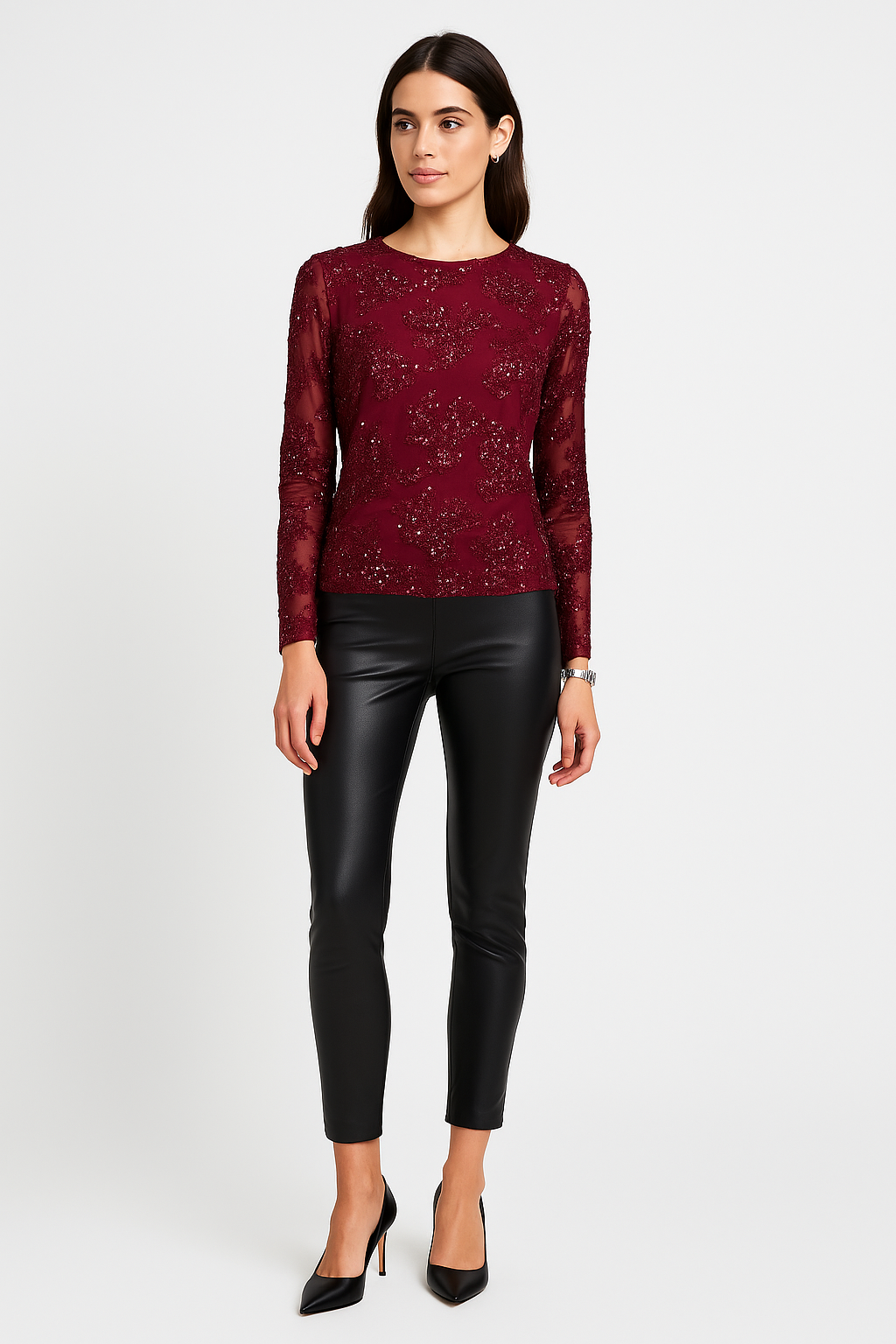 Round Neck, Sequin Embroidery Detailed, Mesh Top