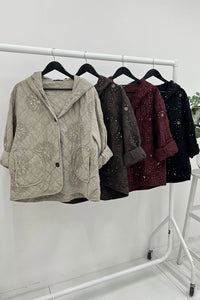 Quilted Hooded Jacket with Sequin Floral Embellishments