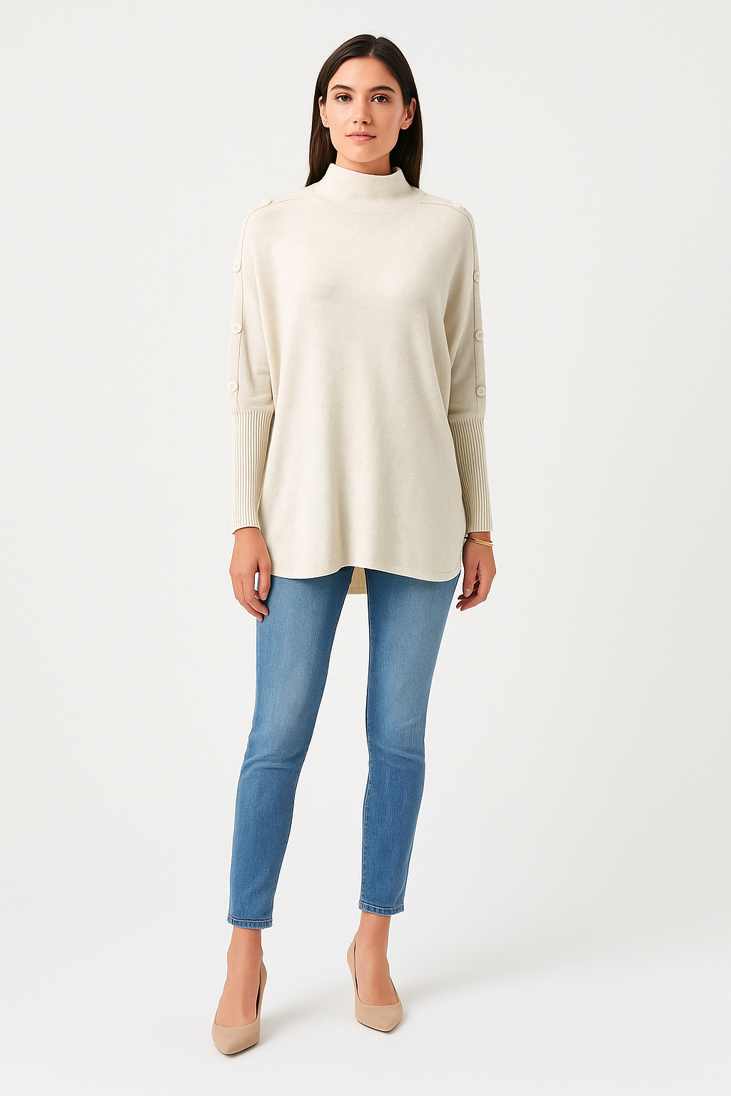 High Neck, Button Detailed, Viscose & Modal Knitted Jumper