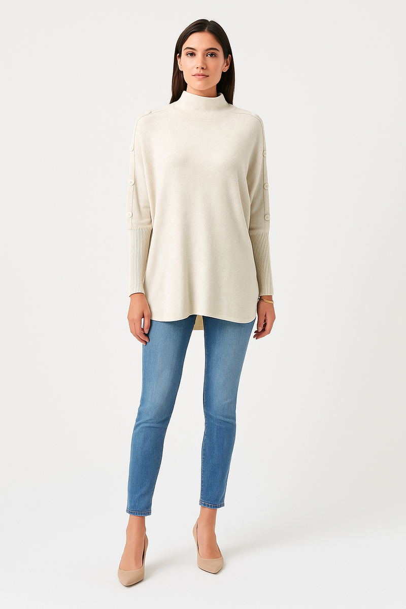 High Neck, Button Detailed, Viscose & Modal Knitted Jumper