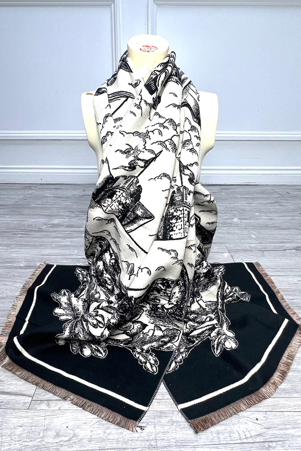 Classic Toile Print Fringe Scarf