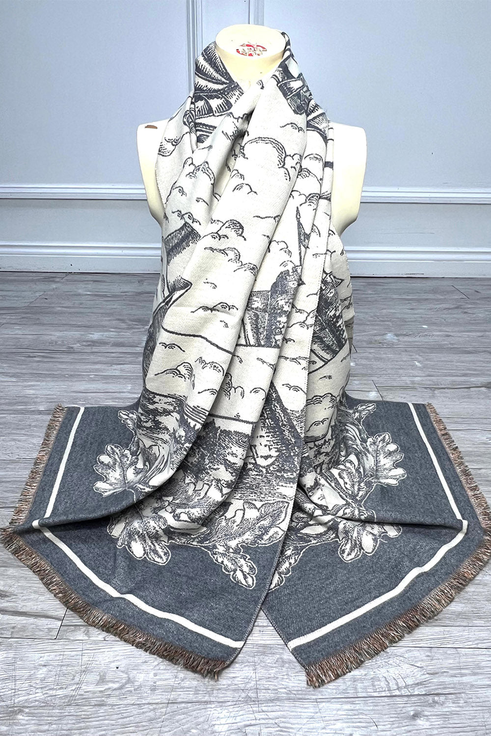 Classic Toile Print Fringe Scarf