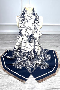 Classic Toile Print Fringe Scarf