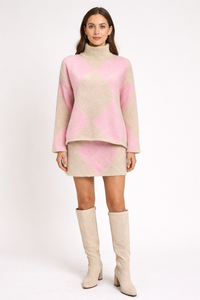 High Neck, Mohair, Acrylic & Nylon Knitted, Elasticated Waist, Two Piece Skirt Set.