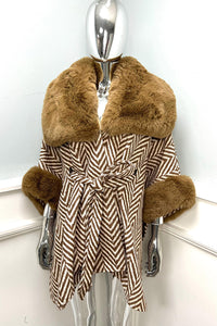 Herringbone wrap coat with luxe faux fur trim