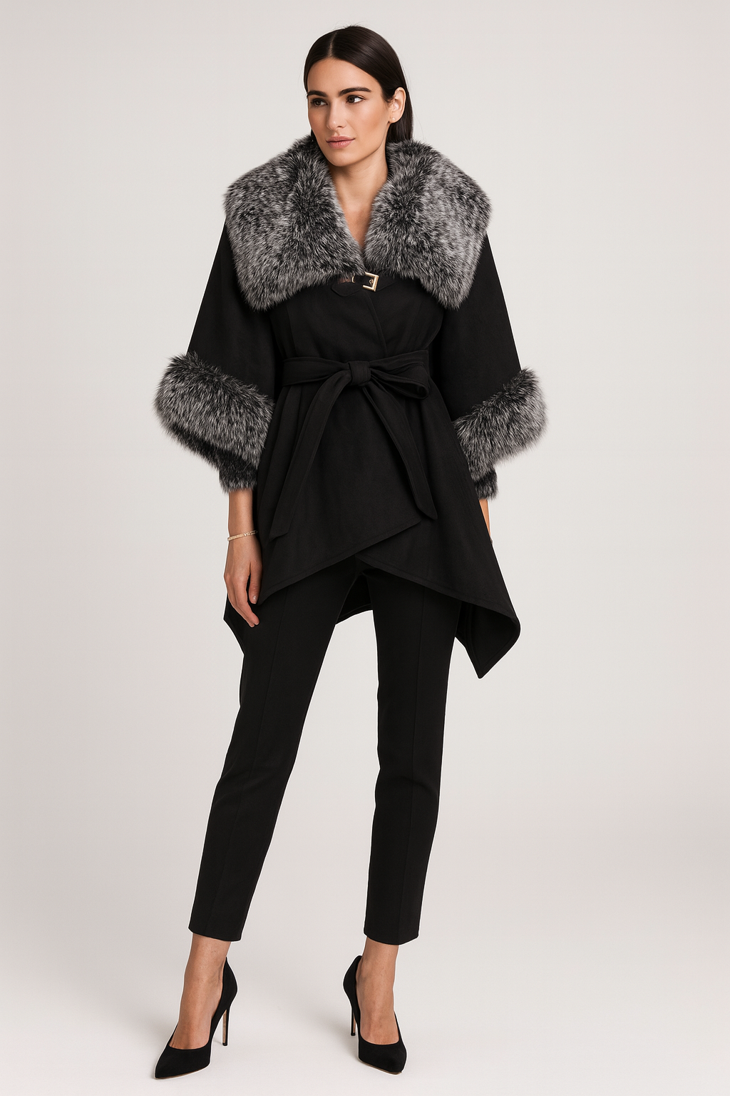 Black wrap coat with faux fur trim