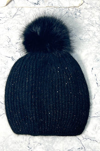 sequin beanie cap with faux-fur pom