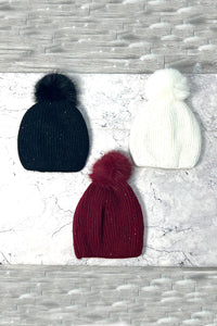 sequin beanie cap with faux-fur pom