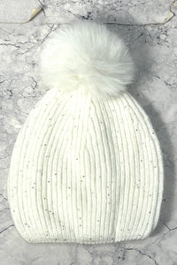 sequin beanie cap with faux-fur pom