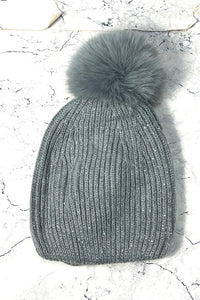 sequin beanie cap with faux-fur pom