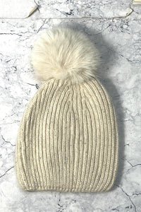 sequin beanie cap with faux-fur pom