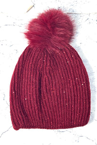 sequin beanie cap with faux-fur pom