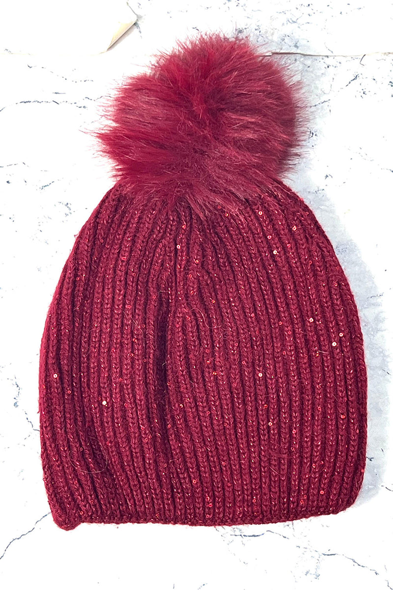 sequin beanie cap with faux-fur pom