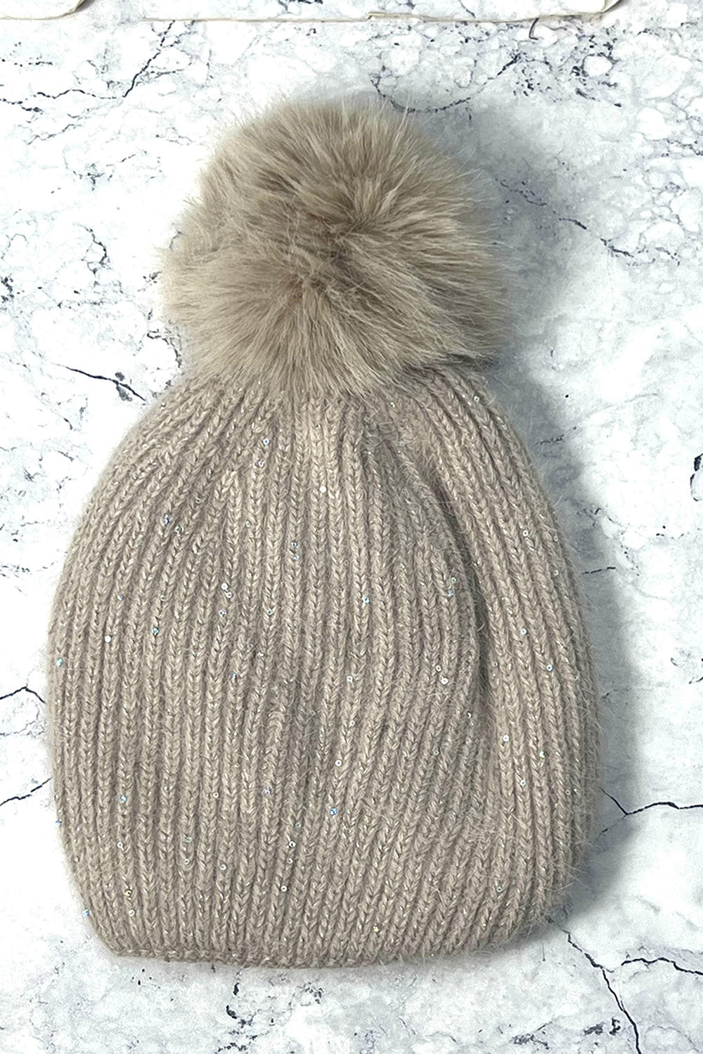 sequin beanie cap with faux-fur pom