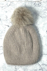 sequin beanie cap with faux-fur pom