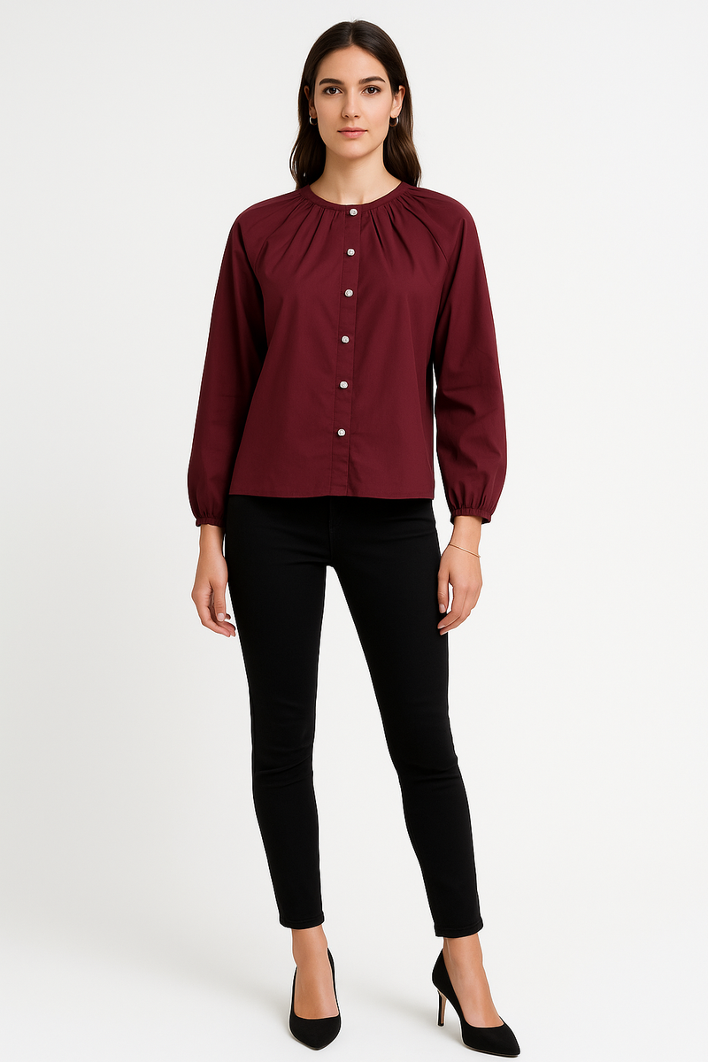 Elegant Gathered Neck Button-Up Blouse