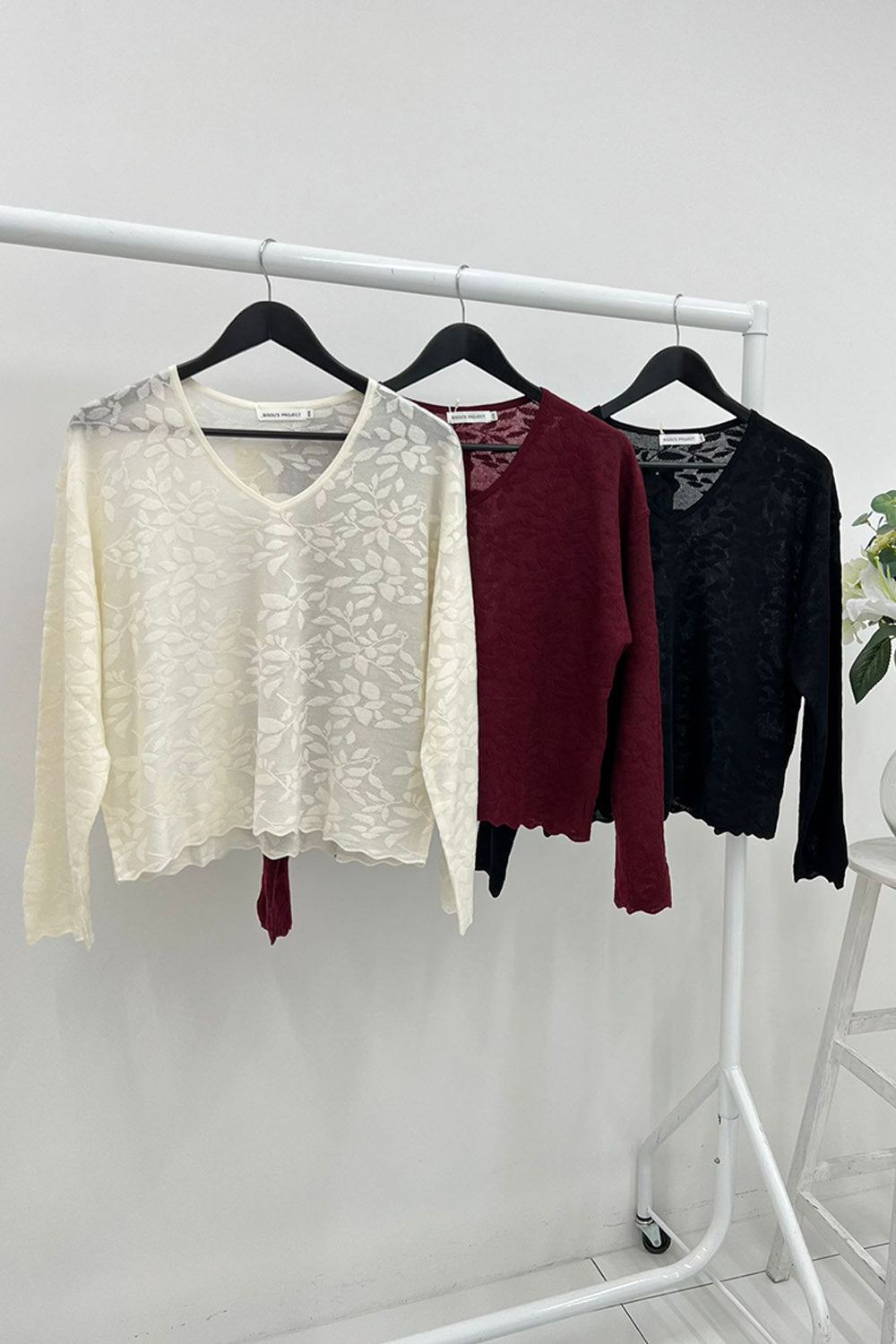 V-Neck, Floral Embossed Detailed, Lana Wool, Acrylic & Nylon Light Knitted Jumper