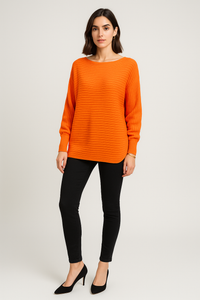 Slash Neck, Viscose Knitted, Ribbed Batwing Jumper