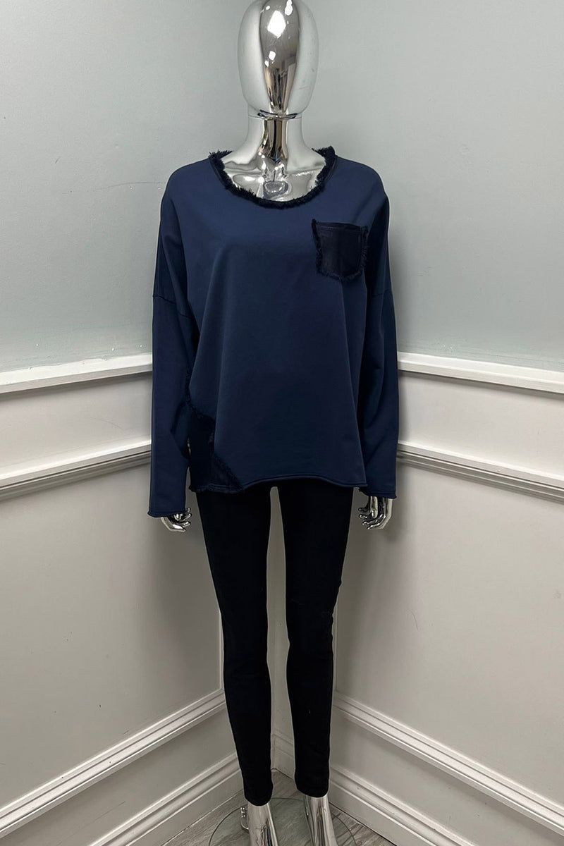 Round Neck, Satin Trim & Pocket Detailed, 100% Cotton Top