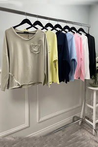 Round Neck, Satin Trim & Pocket Detailed, 100% Cotton Top