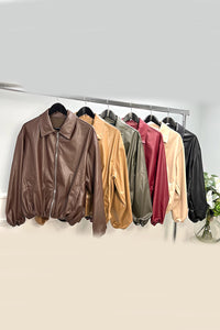 Zip Through, Elasticated Cuff & Hem, Two Pocket PU Bomber Jacket.