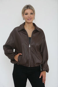 Zip Through, Elasticated Cuff & Hem, Two Pocket PU Bomber Jacket.
