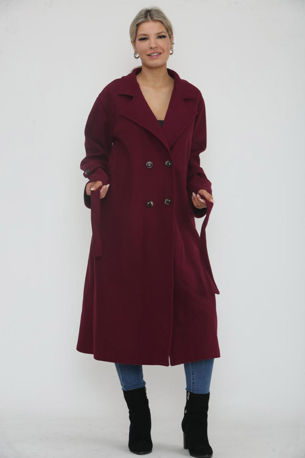 Button & Tie Front Detailed, Two Pocket Suede Trench Coat.