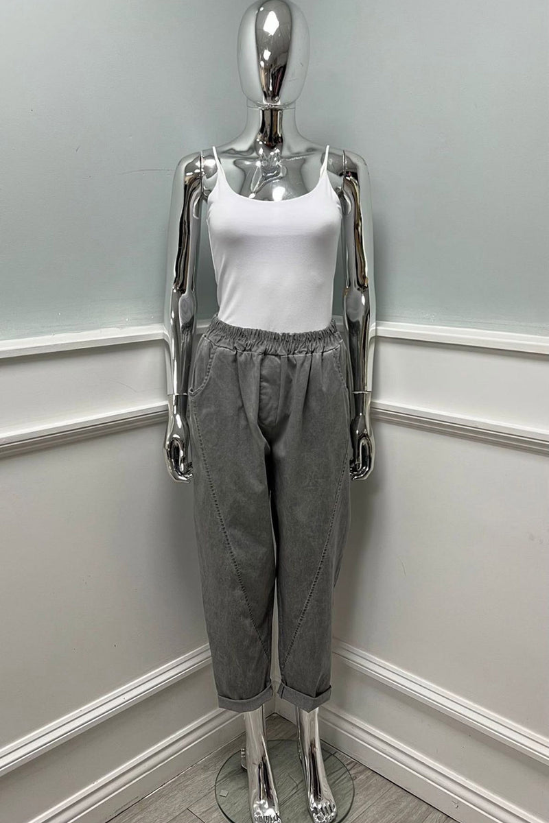 Elasticated Waist, Stretchy Two Pocket Stone Washed Trouser