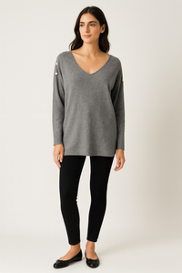 V-Neck, Stud Detailed, Viscose Knitted Jumper