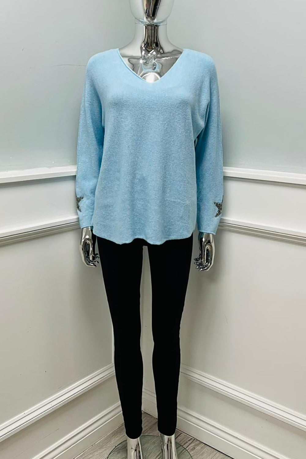 V-Neck, Diamanté Star ⭐ Sleeve Detailed, Viscose & Polymide Knitted Jumper