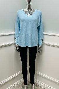 V-Neck, Diamanté Star ⭐ Sleeve Detailed, Viscose & Polymide Knitted Jumper