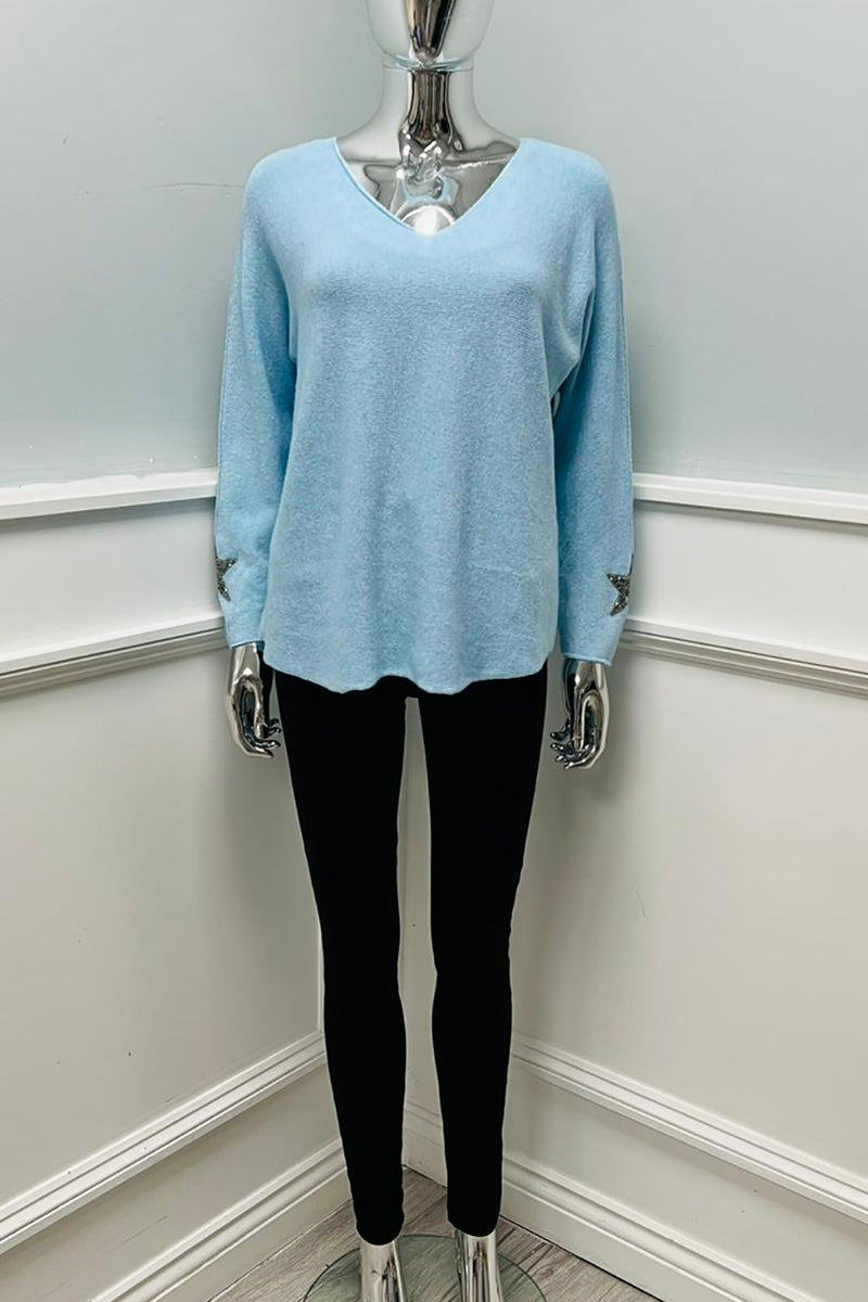 V-Neck, Diamanté Star ⭐ Sleeve Detailed, Viscose & Polymide Knitted Jumper