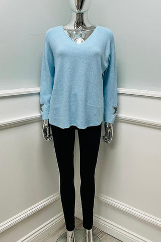V-Neck, Diamanté Star ⭐ Sleeve Detailed, Viscose & Polymide Knitted Jumper