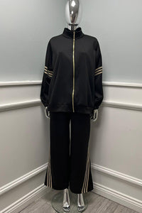 Two Pocket, Elasticated Cuff, High Neck, Zip Through, Elasticated Waist, Drawstring Detailed, Two Pocket Wide Leg Two Piece Set