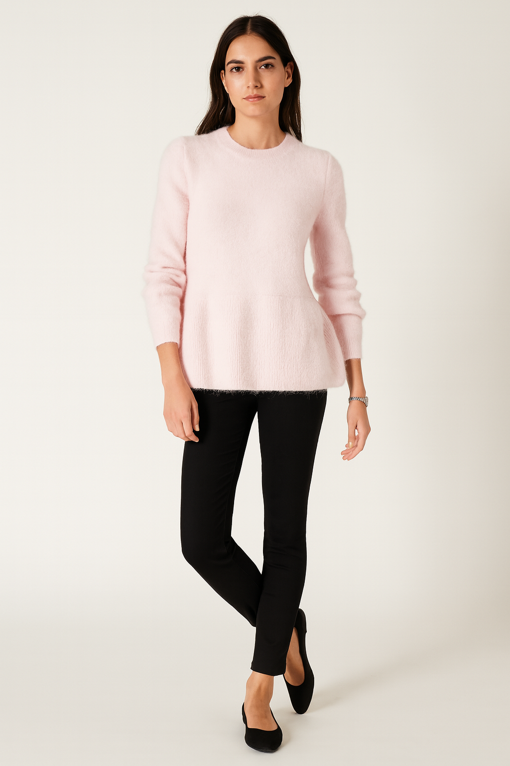 Round Neck, Button Back Detailed, Lana Wool, 20% Alpaca, Acrylic & Nylon Knitted, Frill Hem Jumper.