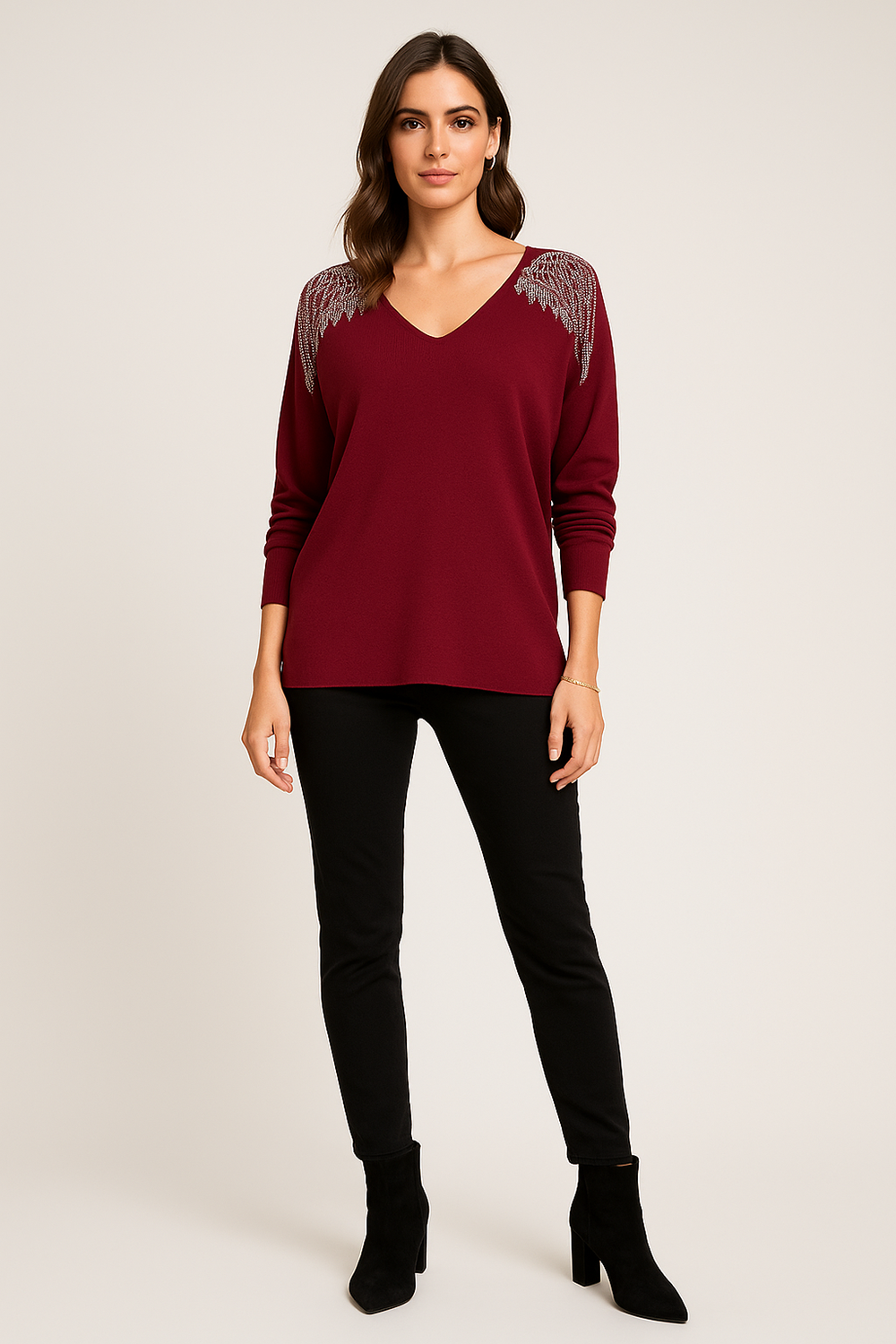 V-Neck, Diamanté Studded Angel Wings 🪽 Detailed, Viscose Batwing JumpeR