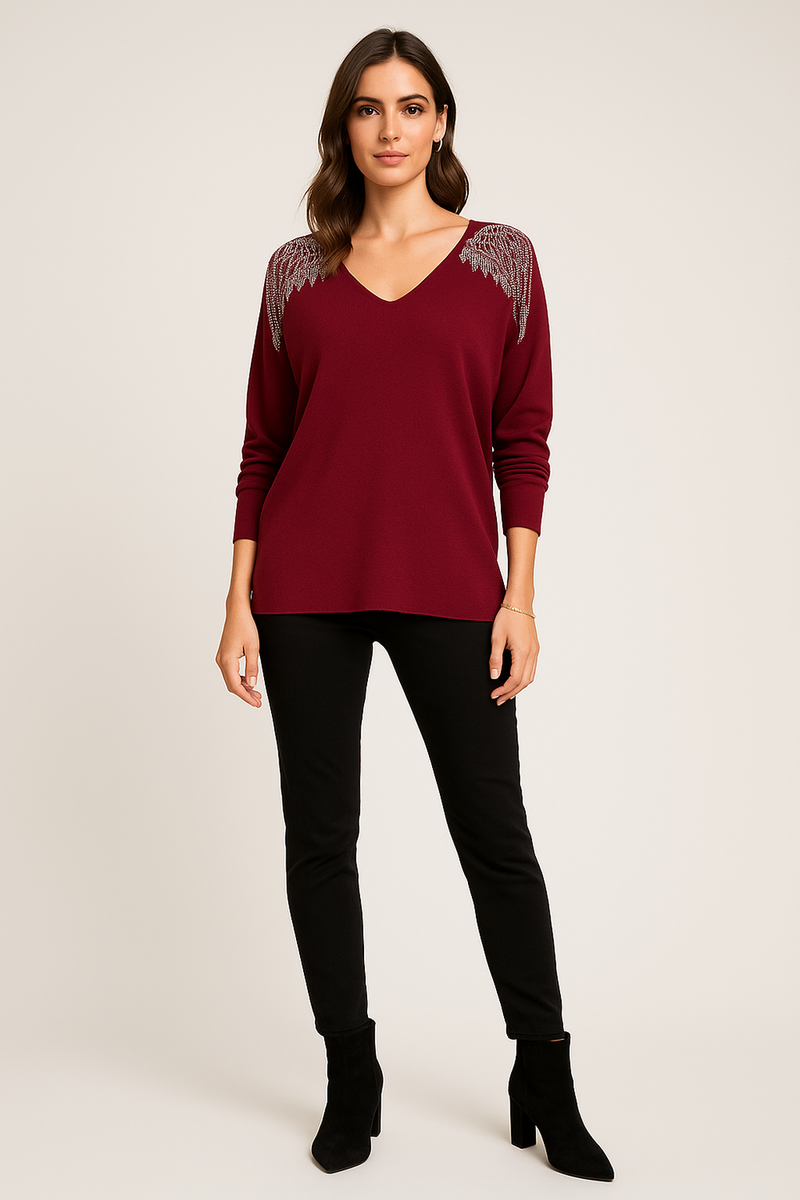 V-Neck, Diamanté Studded Angel Wings 🪽 Detailed, Viscose Batwing JumpeR