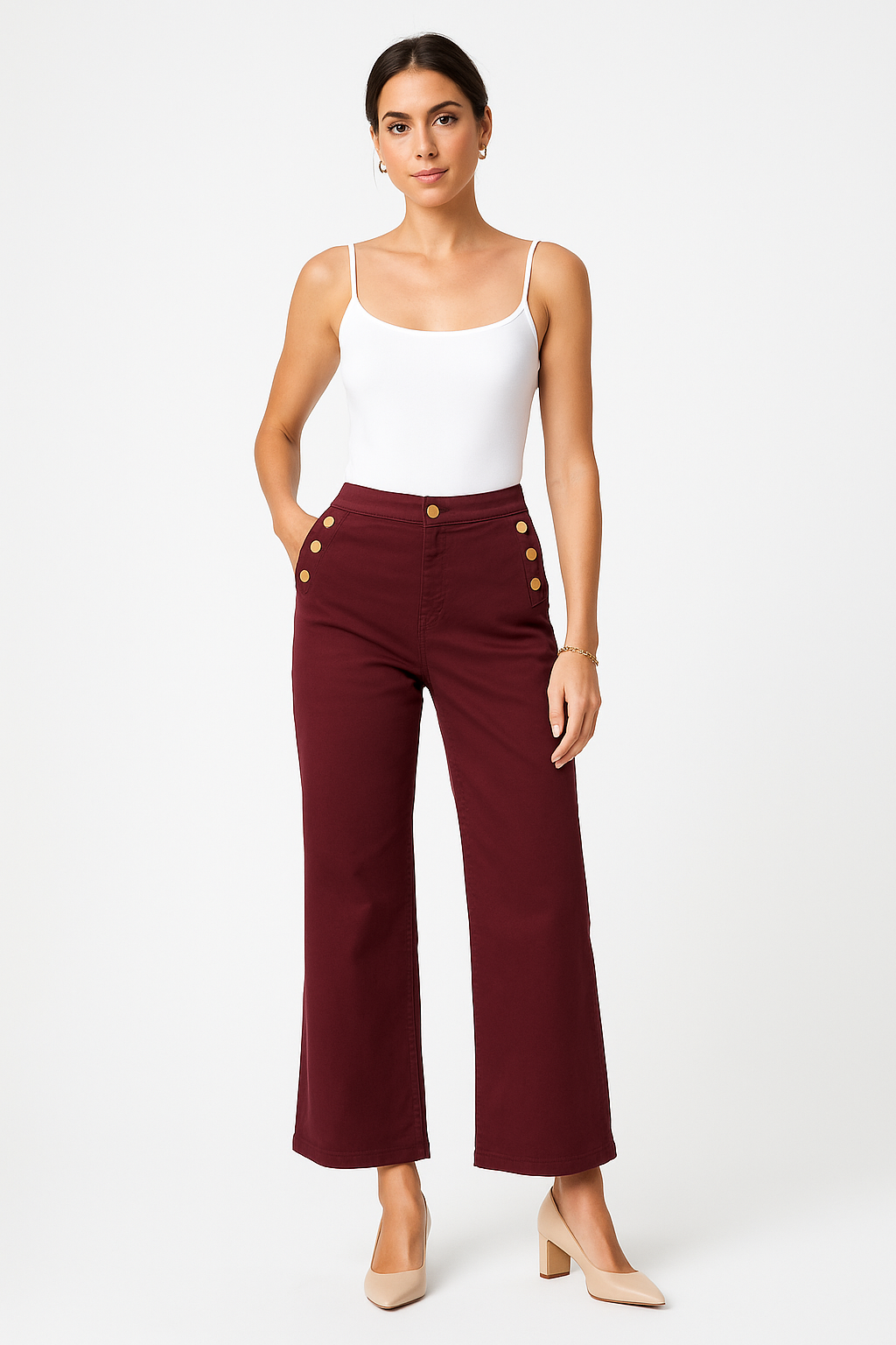 Golden Button Detailed, Wide Leg Stretchy Denim Jeans