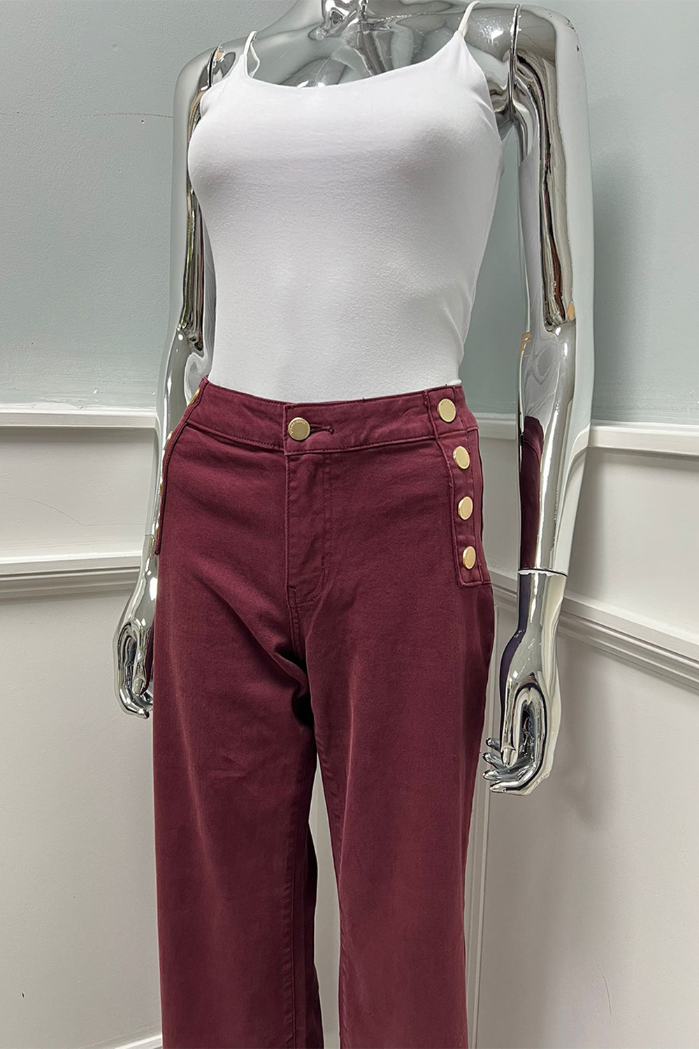Golden Button Detailed, Wide Leg Stretchy Denim Jeans