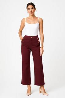 Golden Button Detailed, Wide Leg Stretchy Denim Jeans