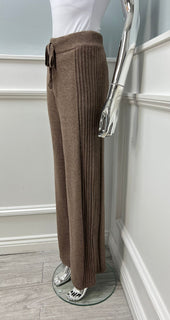 high-waisted, wide-leg knitted trouser with an adjustable drawstring tie at the front