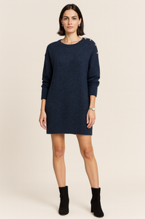 Round Neck, Golden Button Detailed, Lana Wool & Polymide Knitted Jumper