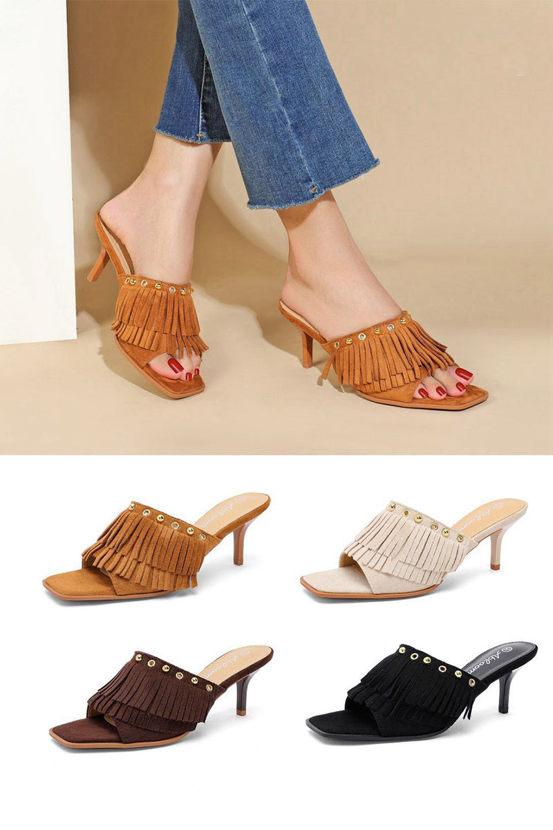 Fringe Suede Studded Mule Heels