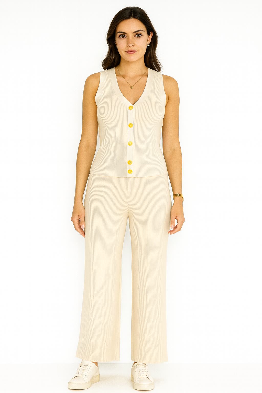 V-Neck, Button Through, Elasticated Waist, Viscose Knitted, Ribbed Wide Leg Two Piece Waistcoat Se