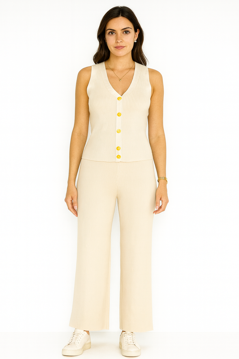 V-Neck, Button Through, Elasticated Waist, Viscose Knitted, Ribbed Wide Leg Two Piece Waistcoat Se